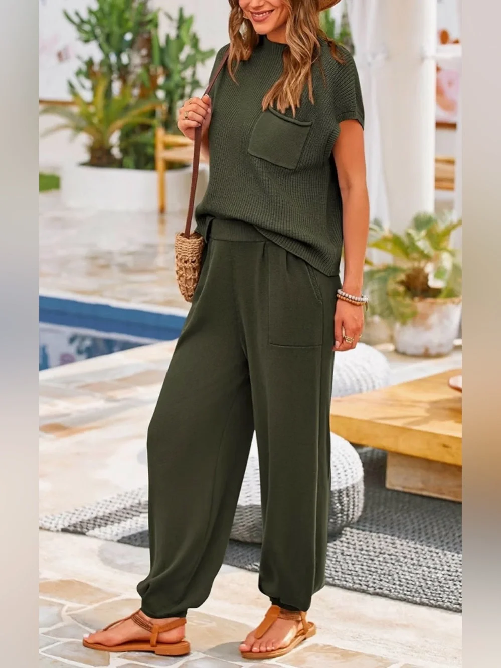Pretty garden  Olive Knit Sleeveless Top & Jogger Set